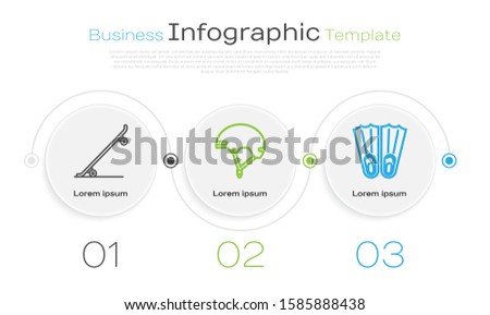 Set line Skateboard, Helmet and Rubber flippers for swimming. Business infographic template. Vector