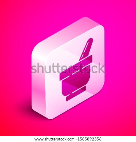 Isometric Mortar and pestle icon isolated on pink background. Silver square button. Vector Illustration