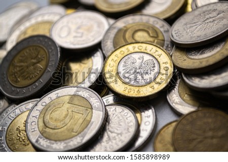 PLN. Polish zloty coins. Macro photo. Monetary