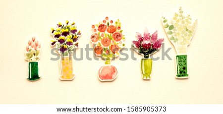 paper-cut watercolor flowers in pots and vases multi-colored yellow blue lilac, anemones, pansies, peonies, lilac, eucalyptus leaves