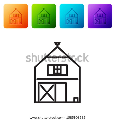 Black line Farm House concept icon isolated on white background. Rustic farm landscape. Set icons in color square buttons. Vector Illustration