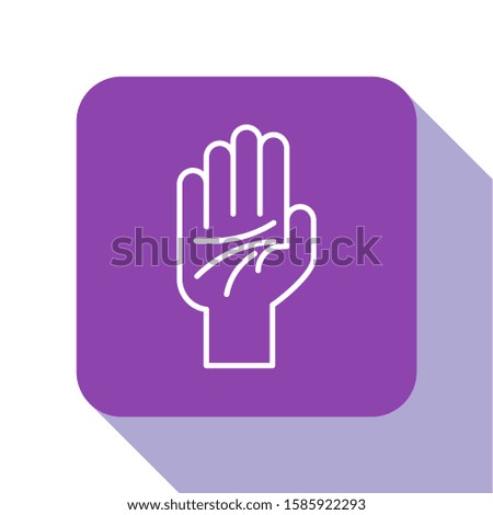 White line Palmistry of the hand icon isolated on white background. Purple square button. Vector Illustration