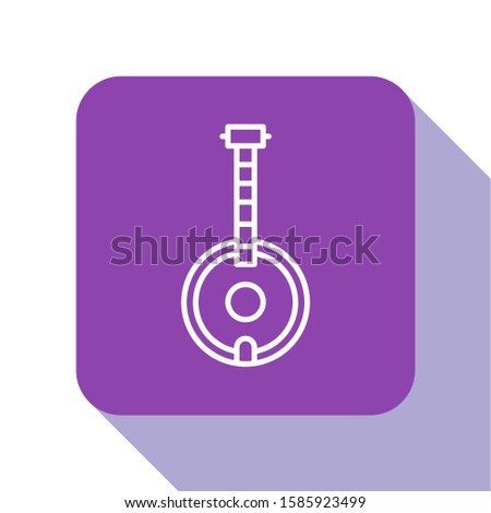 White line Banjo icon isolated on white background. Musical instrument. Purple square button. Vector Illustration