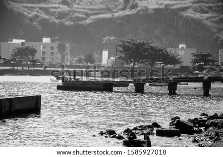 A greyscale picture of sea with ships, a bridge and people surrounded by hills and greenery