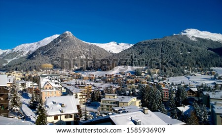 View over Davos with Fluela valley and mount Jakobshorn in the background, Davos, Grisons, Switzerland, Europe