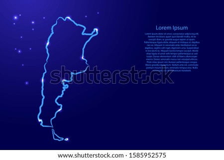 Argentina map from the contour blue brush lines different thickness and glowing stars on dark background. Vector illustration.