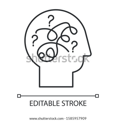 Puzzled mind linear icon. Mental exercise, challenge. Intelligence test. Brain teaser. Logic questions. Thin line illustration. Contour symbol. Vector isolated outline drawing. Editable stroke