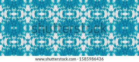 Seamless Volume Soft Fabric. Folk Native Wicker Knit. Santa Claus Macrame Picture. Russian Old Style. Blue pattern Elements on White Knitted Textile.