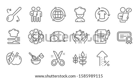 Chef hat, Customer survey, Approved application line icons. Scissors cutting, Certificate icons. Interest rate, gluten free. Linear set. Quality line set. Vector