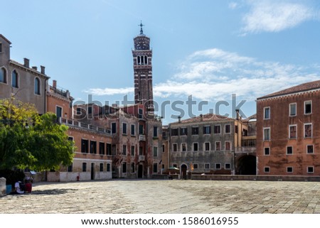 The plaza of Saint Angelo (Campo Sant Angelo) in Venice, Italy. The belfry in the background is actually tilting to the left. 
