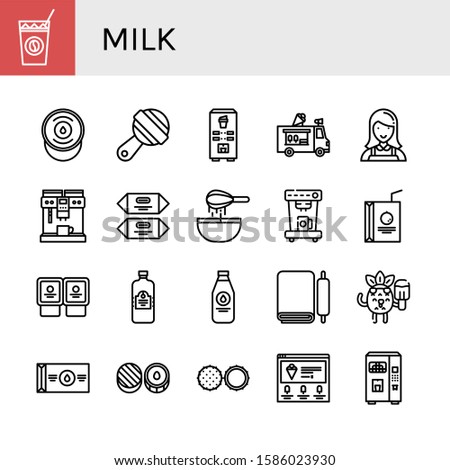 milk simple icons set. Contains such icons as Cold coffee, Sour cream, Rattle, Coffee machine, Ice cream truck, Nanny, Coffee maker, Chocolate, can be used for web, mobile and logo