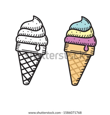 Hand drawn ice cream vector illustration isolated on white with black and white and colored design 