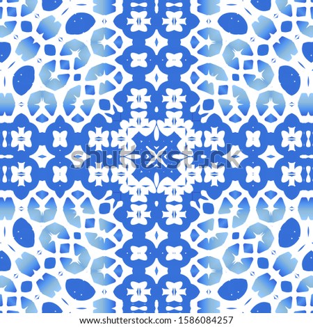 Ethnic ceramic tile in portuguese azulejo. Vector seamless pattern trellis. Creative design. Blue vintage ornament for surface texture, towels, pillows, wallpaper, print, web background.