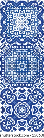 Antique portuguese azulejo ceramic. Set of vector seamless patterns. Colored design. Blue floral and abstract decor for scrapbooking, smartphone cases, T-shirts, bags or linens.