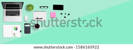 Top view office desk and supplies with copy space. Creative flat lay photo of workspace desk - panoramic background