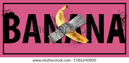 Duct tape Banana on a pink background. Art installation at gallery wall. banana on the wall taped. The text BANANA. vector illustration for t-shirt print