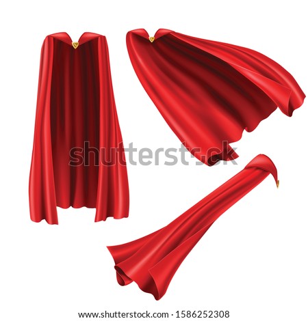 Red superhero cape, cloak with golden pin front and side view. Fluttering on wind rippled silk clothes for king, ullusionist or vampire costume. Set of realistic mantle isolated on white background Royalty-Free Stock Photo #1586252308