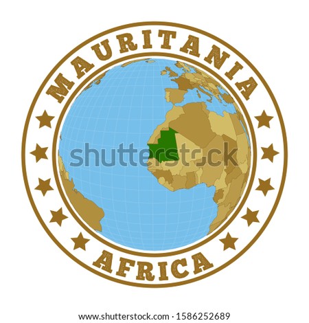 Mauritania logo. Round badge of country with map of Mauritania in world context. Country sticker stamp with globe map and round text. Vector illustration.