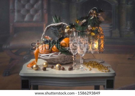 Christmas table with fruits and champagne