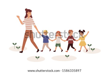 Kindergartener with children flat vector illustration. Female babysitter and kids cartoon characters playing outdoor. Preschool teacher with pupils outdoor isolated on white background. Royalty-Free Stock Photo #1586335897