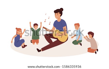 Kindergartener with kids group flat vector illustration. Nursery governess playing guitar. Music and singing lesson, game, entertainment. Smiling woman and children cartoon characters.