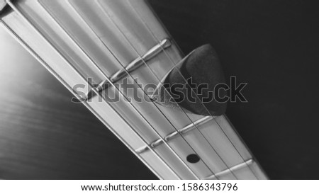   electric guitar neck with pick closeup . black and white                             