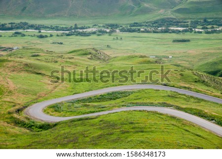 Hairpin turn of rural road in vibrant green alpine meadows,asphalt road with hairpin bend in flower meadow or pasture of farm field