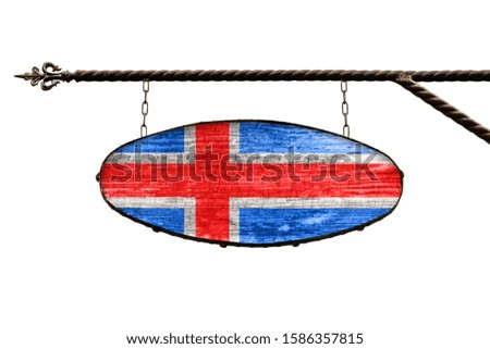 Iceland flag on old signboard. Oval signboard colors flag Iceland hangs on a metal forged structure. Template isolated on white. Blank for creativity and design.