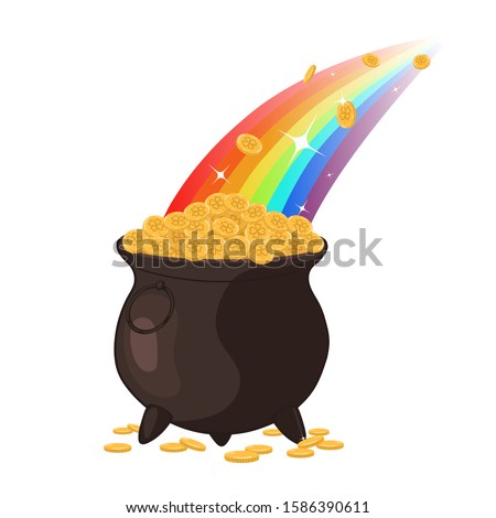 Cauldron with gold and rainbow isolated on white background. Vector graphics.