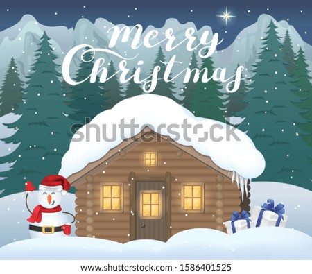 Merry Christmas. Background with a house in the forest and a snowman
