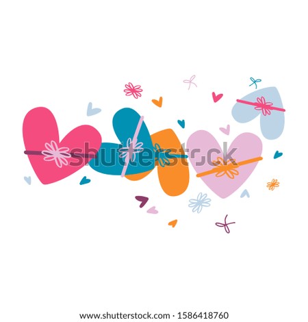 Set of cute gift or present boxes in shape of heart with bows. Wedding day, valentine's day, party. Print for fabric, card, invitation. Isolated on white background. Flat. Vector stock illustration.