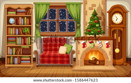 Vector illustration of a Christmas living room with fireplace, sofa, bookcase, clock and fir-tree.