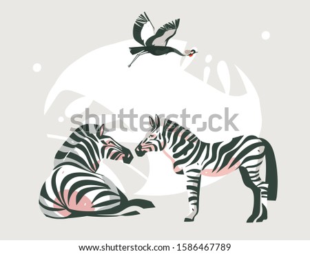 Hand drawn vector abstract cartoon modern graphic African Safari collage illustrations art banner with safari animals isolated on pastel color background.