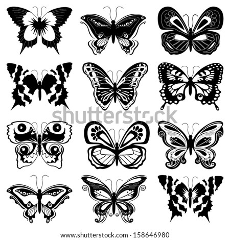 Set of twelve black butterfly silhouettes on a white background, hand drawing vector illustration