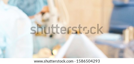 Cool medical blur background. Ambulance veterinary room. Blue hospital corridor. Dentistry medicine interior. Clinic science ambulance. Pharmacy blurry lab place