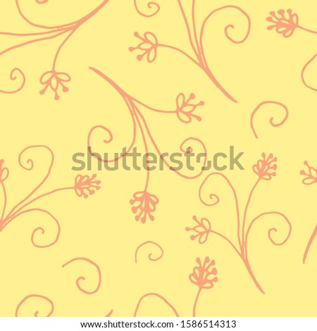 Floral seamless pattern in line art style.  Abstract botanical print of flowers, leaves, twigs. Textile design texture. Spring blossom background. Vector illustration. 