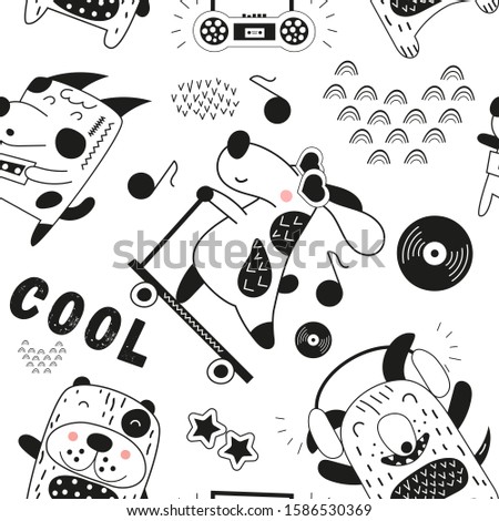 Black and white seamless pattern with funny dogs and music theme in Scandinavian style. Illustration. Kids illustration for nursery art. Great for baby clothes, greeting card, wrapping paper.