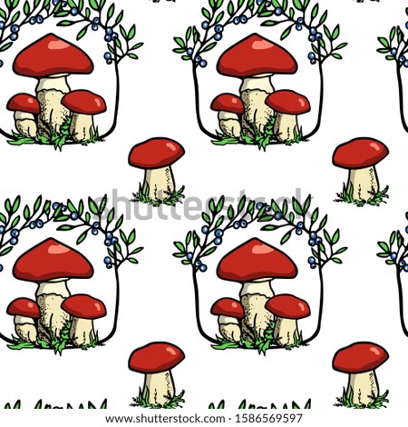 Vector seamless pattern with hand drawn wild mushrooms in floral wreath. Ink drawing, beautiful food design elements.