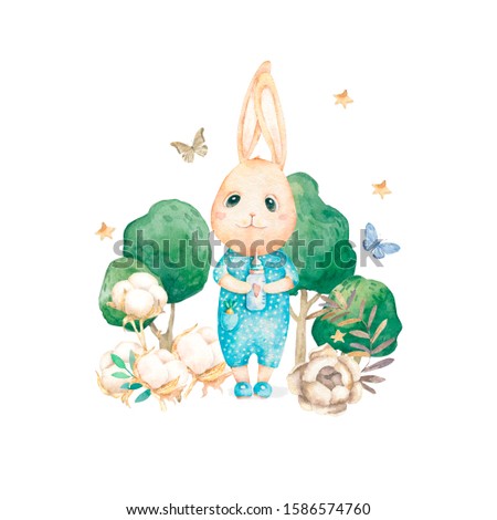 Cute happy birthday card with cartoon Bunny and green tree, butterfly and catoon. Watercolor rabbit clip art and beauty boho. Baby Shower card nursery