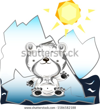 White bear sitting on the iceberg  under the sun. Cute vector illustration for postcard or education purposes