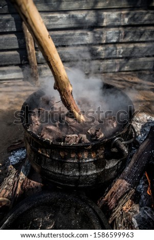 Beef Being Cooked In A Big African Pot At A Wedding In Botswana, Africa.