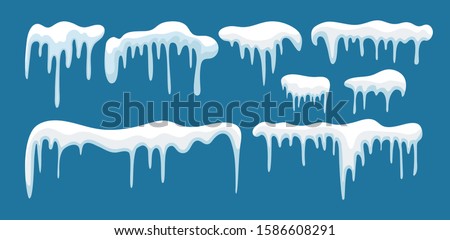 Set of snow icicles. Flat design isolated on blue background. Cartoon winter style, design and decoration. Royalty-Free Stock Photo #1586608291