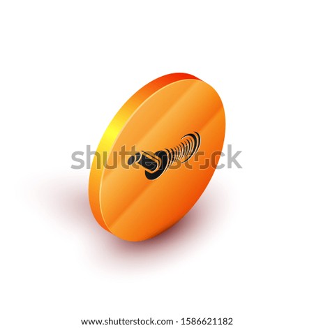 Isometric Spinning reel for fishing icon isolated on white background. Fishing coil. Fishing tackle. Orange circle button. 