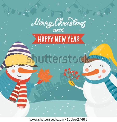 Cartoon illustration for holiday theme with happy snowman on winter background with trees and snow. Greeting card for Merry Christmas and Happy New Year. Vector illustration.