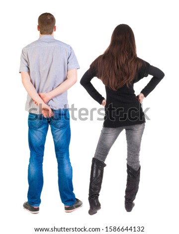 Back view of couple. beautiful friendly girl and guy together. Rear view people collection. backside view of person. Isolated over white background.