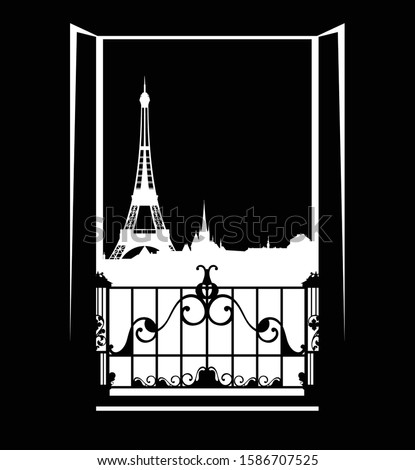window over Paris city night scene with open balcony door - black and white vector copy space design