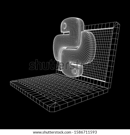 Python code language sign with notebook laptop device. Programming coding and developing concept. Wireframe low poly mesh vector illustration