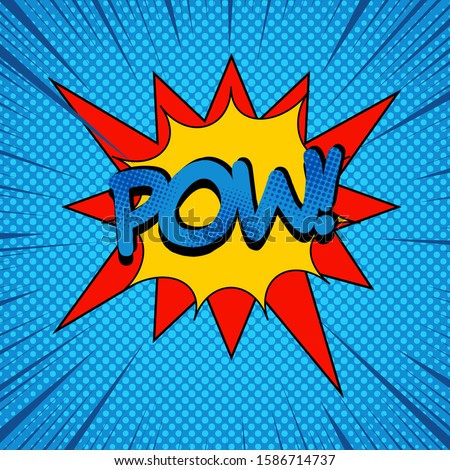 Explosive bright comic template with Pow wording colorful speech bubbles and humor effects on blue background. Vector illustration