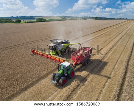 Aerial view of combine harvester harvesting wheat and filling tractor trailer with grain