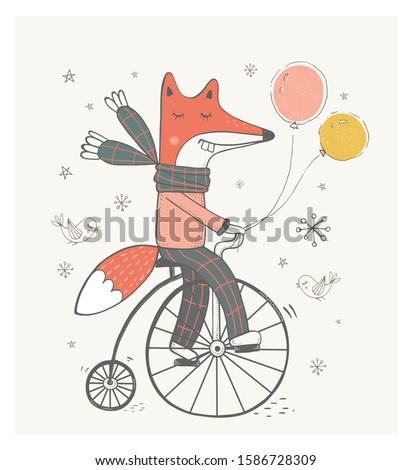 Cute Fox rides a bicycle. Hand drawn vector illustration.Can be used for baby t-shirt print, fashion print design, kids wear, baby shower celebration greeting and invitation card.